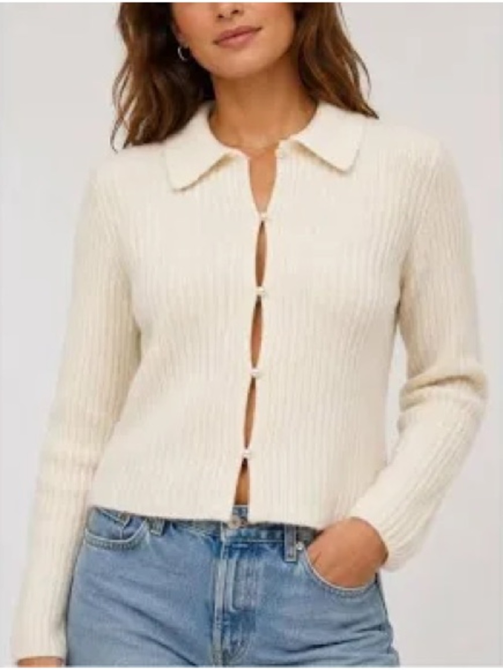 Abercrombie & Fitch Cream Ribbed Collared Button-Up Sweater